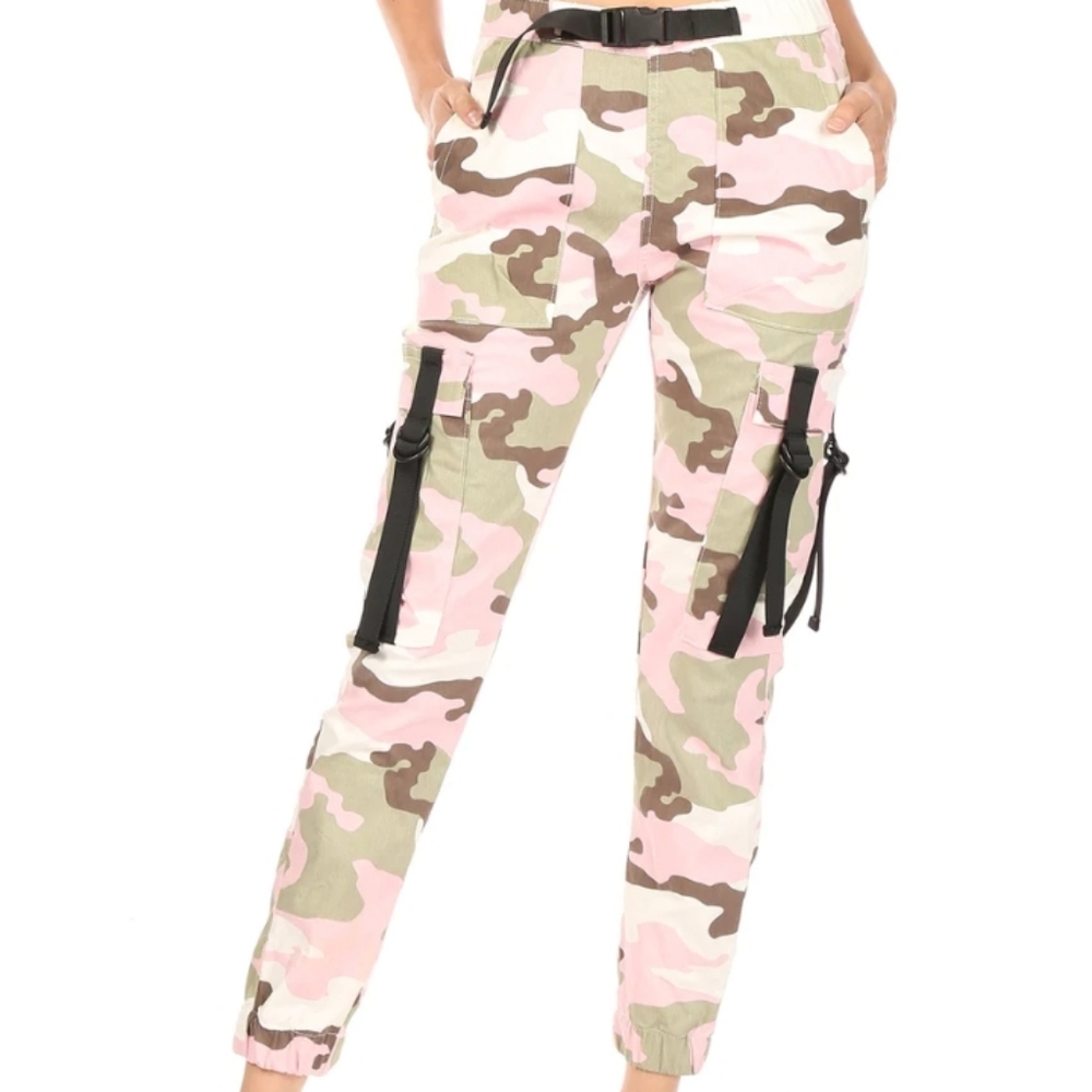 Womens Camo Cargo Pants Pink Buckle Belt Pockets Jogger by Kreamy NYC